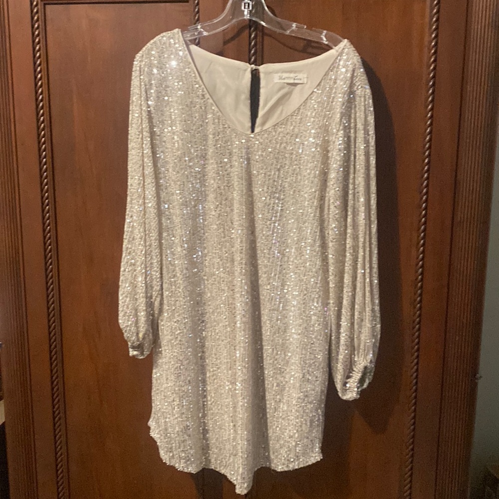 Vine & Love boutique brand dress size L fully lined cream, silver sequin overlay